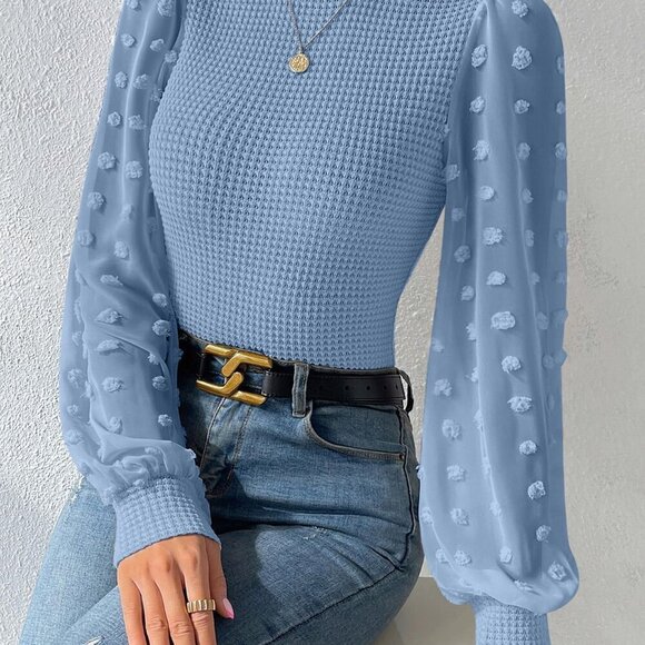 Blue Elegant Women's Swiss Dot Lantern Sleeve Mock Neck Tee - Picture 5 of 7